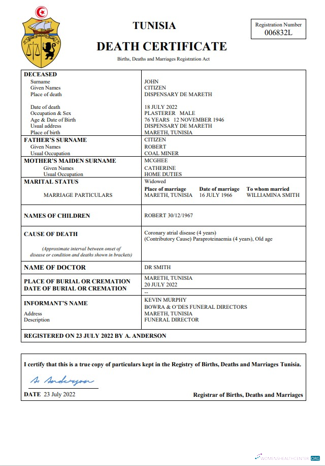 Download Tunisia vital record death certificate Word and PDF template Photoshop template
